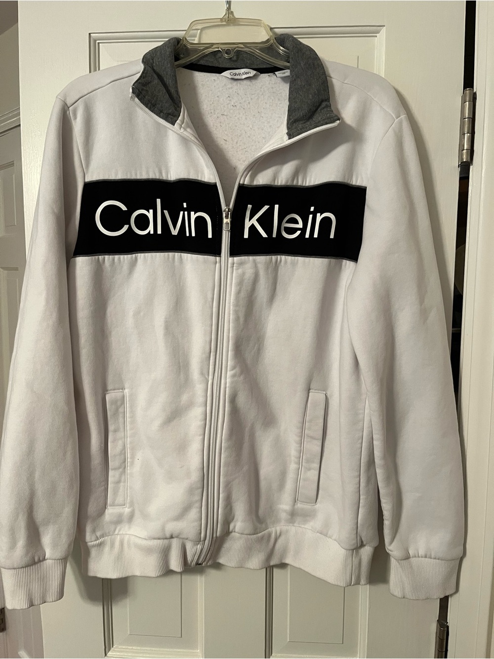 Calvin Klein White Zip-Up Sweatshirt with Black Logo Panel